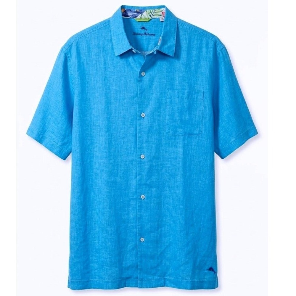 NEW Tommy Bahama Mens 3XL Blue 100% Linen Short Sleeve Button Up Camp Shirt